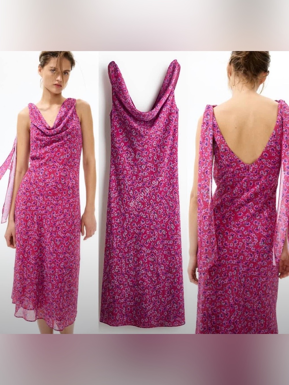 H&M Pink Floral Cowl-Neck Maxi Dress with Shoulder Ties